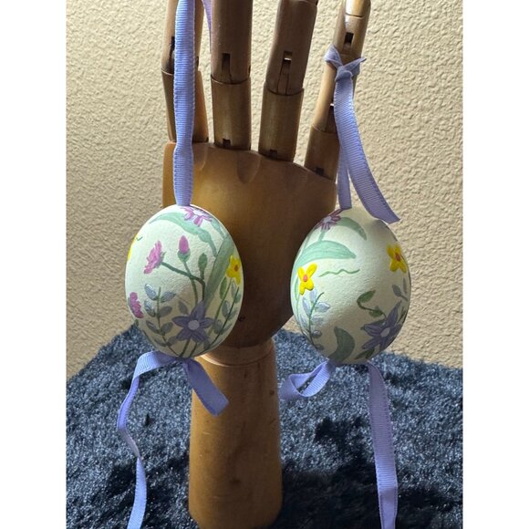 Hand-Painted Floral Easter Hanging Eggs With Lavender Ribbon - Picture 1 of 9